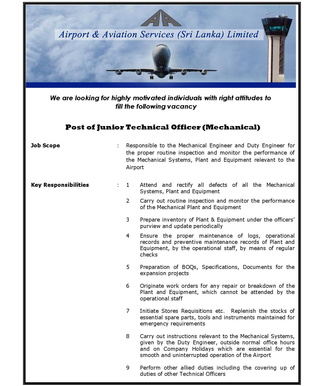 Junior Technical Officer (Mechanical) - Airport & Aviation Services (Sri Lanka) Limited